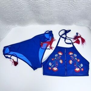 Time and Tru Blue Two- Piece Size Large (14-16) Swimsuit Embroidered Accents